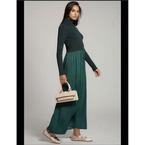 Anthropologie Thea Ribbed Mock Neck Pleated Maxi Dress Forest Green Long Sleeve